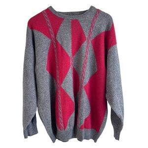 Pringle of Scotland Vintage Men's Grey and Red Wool Crewneck Sweater Size XL